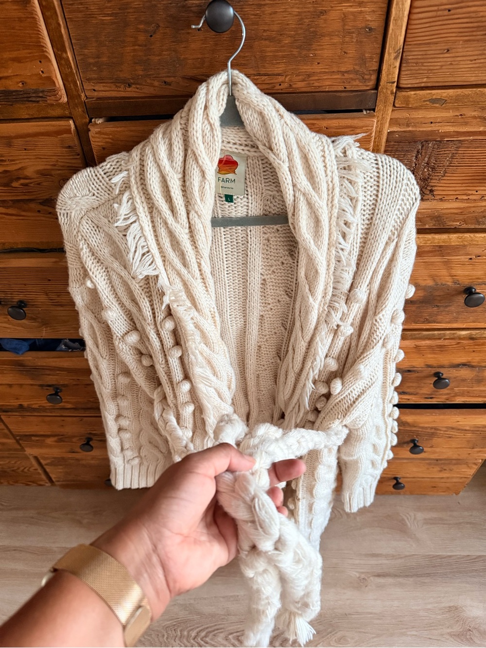 Farm Rio Cream Cable-Knit Fringe Sweater Cardigan